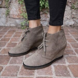 J. CREW Taupe Macalister Suede Crepe Wedge Lace-Up Boots, 9